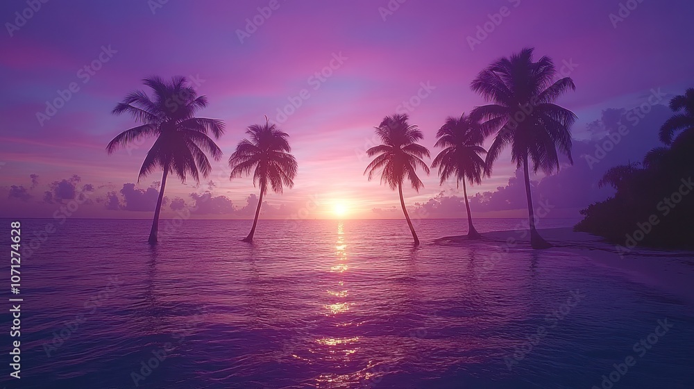 Silhouetted palm trees stand on a small island at sunset, with the sky and water glowing with shades of purple and pink. Silhouetted palm trees stand on a small island at sunset, with the sky and water glowing with shades of purple and pink.