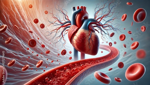 3D Heart with Blood Flow Through Arteries, Realistic 3D illustration of a human heart connected to a flowing artery surrounded by red blood cells, symbolizing circulation, cardiovascular health, and a