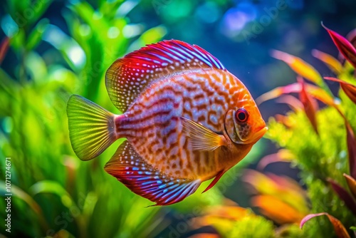 Vibrant Discus Fish Swimming Gracefully in an Underwater Scene with Lush Aquatic Plants, Showcasing Their Unique Colors and Patterns in a High Depth of Field Setting