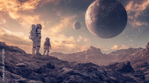 Astronauts Exploring Alien Landscape with Distant Planets - Space Exploration Concept. photo