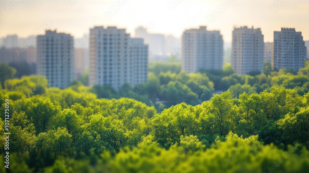 Obraz premium A serene view of green trees in the foreground with modern buildings in the background.