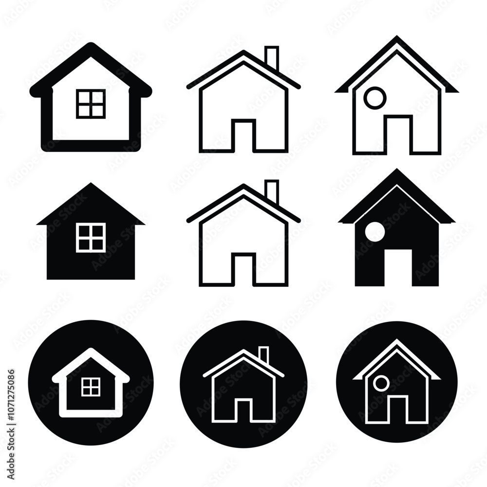 Collection home icons. House symbol. Set of real estate objects and houses black icons isolated on white background. Vector illustration. Collection home icons. House symbol. Set of real estate objects and houses black icons isolated on white background. Vector illustration.