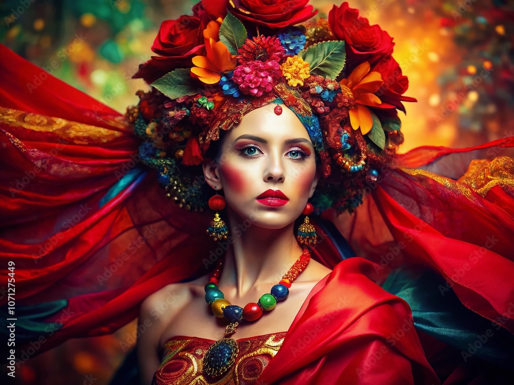 Vibrant Fashion Photography of a Woman in a Colorful Headdress and Red Dress Captivating in Style and Elegance, Perfect for Fashion Editorials and Cultural Celebrations Vibrant Fashion Photography of a Woman in a Colorful Headdress and Red Dress Captivating in Style and Elegance, Perfect for Fashion Editorials and Cultural Celebrations