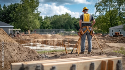 A construction worker oversees a building site with foundations being prepared.