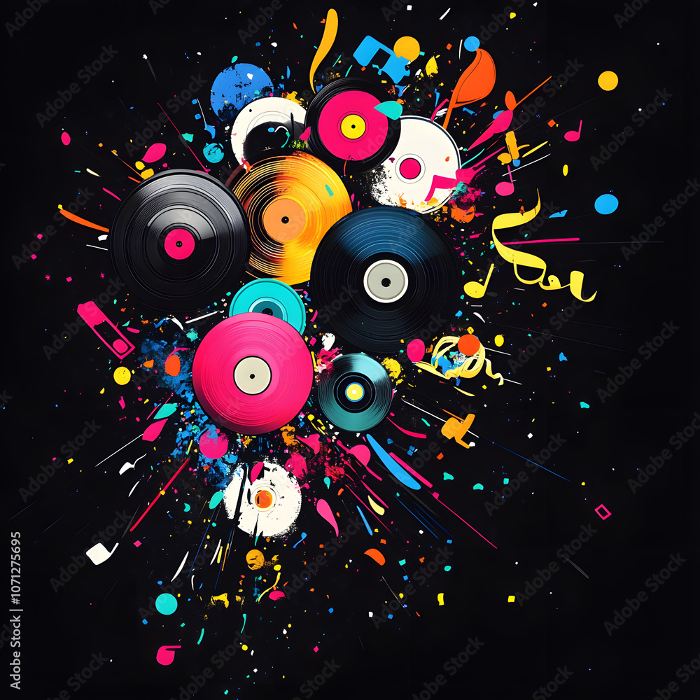 Obraz premium Vibrant explosion of colorful vinyl records and music notes on a black background, perfect for music, retro, art, party, and abstract design themes that captivate creativity lovers