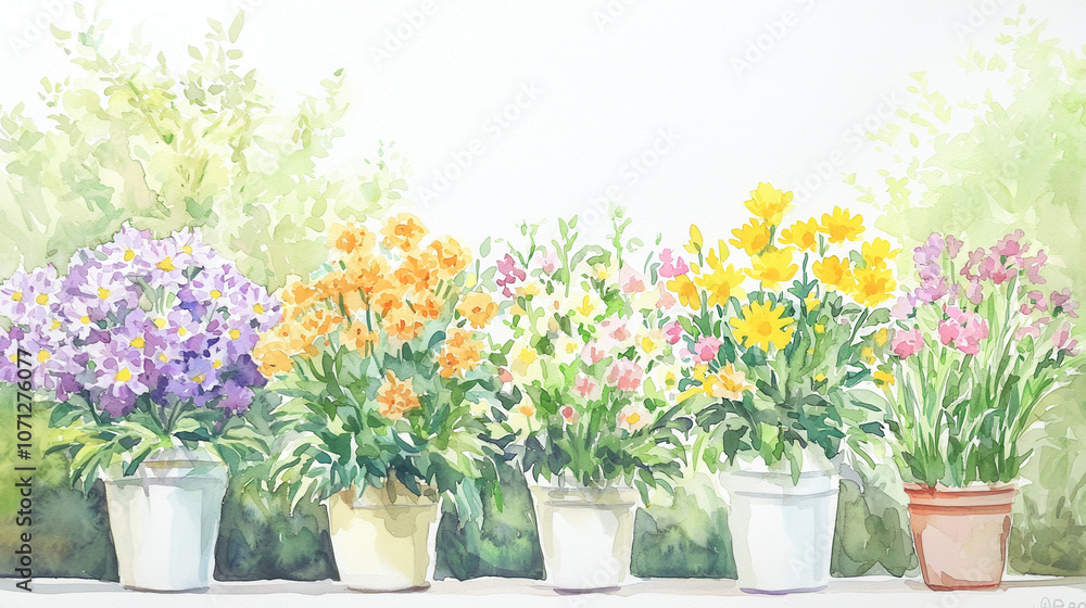 Fototapeta premium A vibrant array of potted flowers showcases colorful blooms against a soft, blurred natural background.