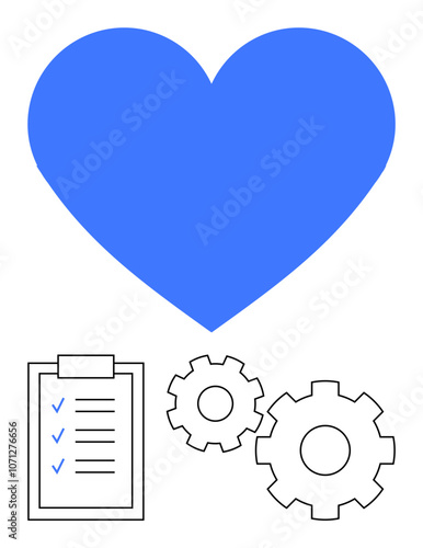 Large blue heart above checklist and gears. Ideal for health, productivity, wellness, project management, settings workflow optimization goal setting. Line metaphor. Line metaphor. Simple line icons