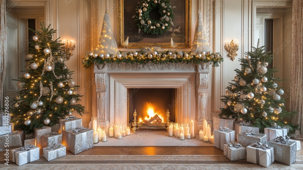 The warmth of the fireplace enhances the enchanting atmosphere, surrounded by two elegantly adorned Christmas trees and shimmering presents, creating a festive holiday wonderland. The warmth of the fireplace enhances the enchanting atmosphere, surrounded by two elegantly adorned Christmas trees and shimmering presents, creating a festive holiday wonderland.