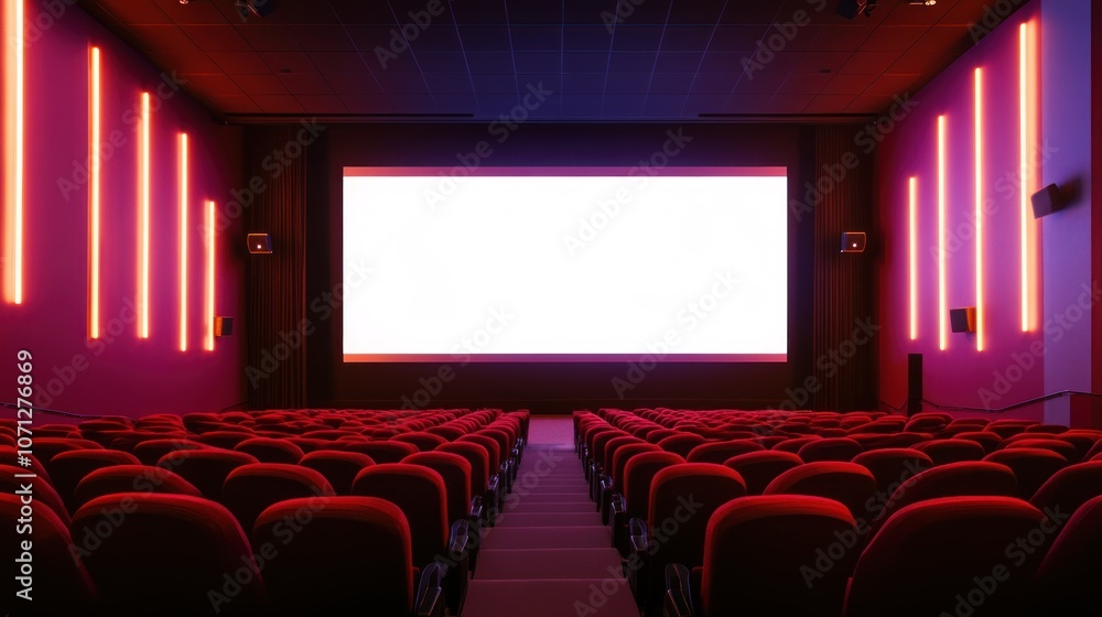 Fototapeta premium A modern cinema interior with red seating and illuminated walls, ready for a movie screening.