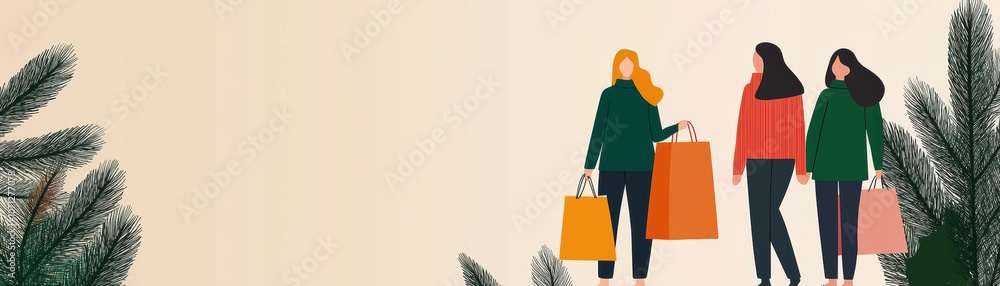 Three stylish women carry shopping bags, surrounded by pine branches, creating a festive, cheerful vibe perfect for holiday shopping. Three stylish women carry shopping bags, surrounded by pine branches, creating a festive, cheerful vibe perfect for holiday shopping.