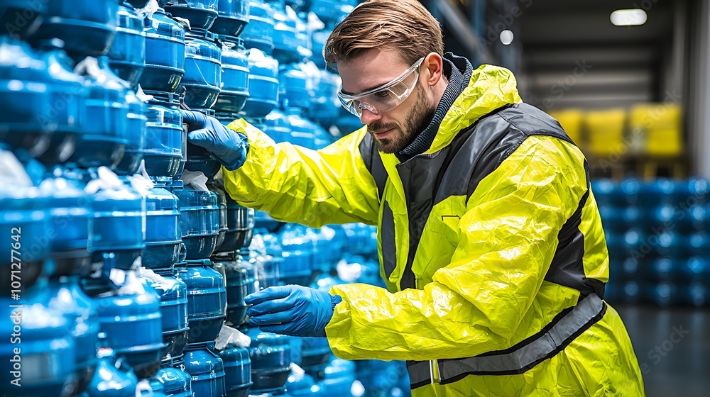 Worker Inspects Water Bottles in Industrial Warehouse to Ensure Quality Control Standards Worker Inspects Water Bottles in Industrial Warehouse to Ensure Quality Control Standards