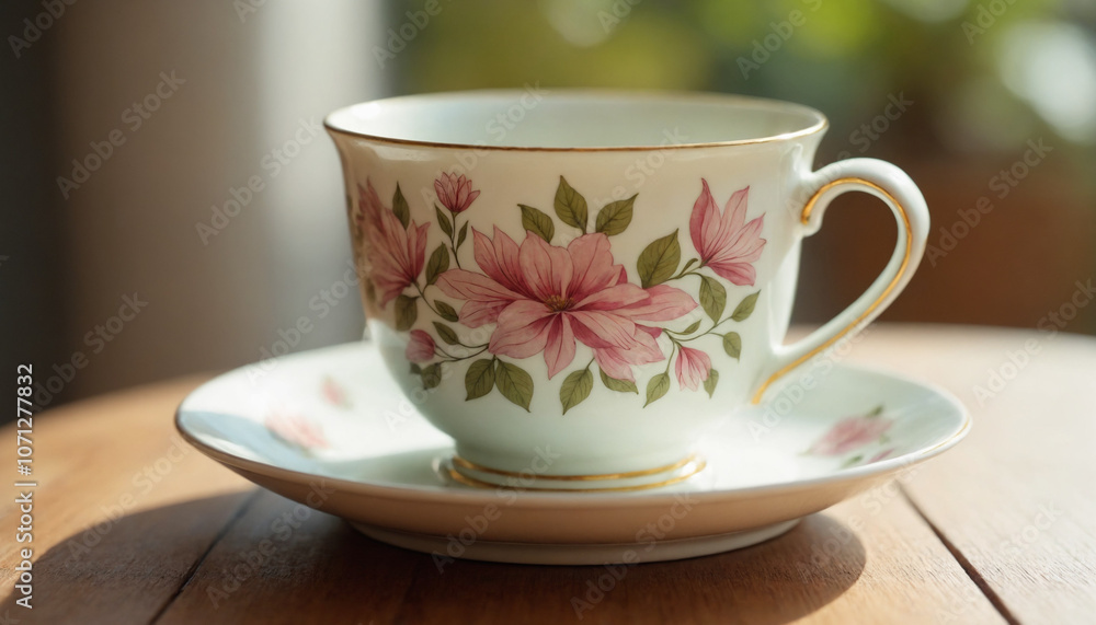 Elegant floral tea cup and saucer on a wooden table with soft sunlight Elegant floral tea cup and saucer on a wooden table with soft sunlight