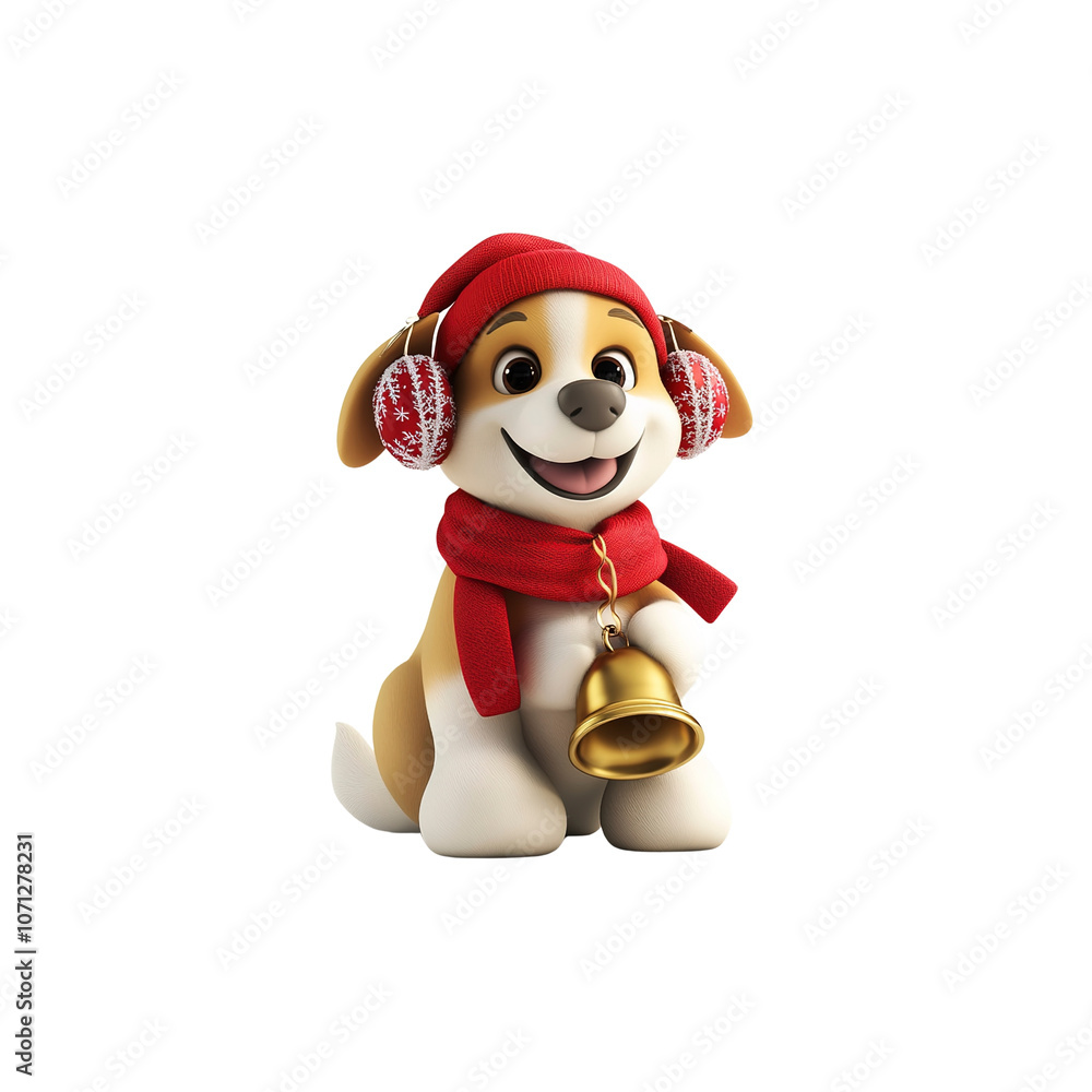 Cute Cartoon Dog Wearing Winter Hat and Earmuffs Holding a Bell Cute Cartoon Dog Wearing Winter Hat and Earmuffs Holding a Bell