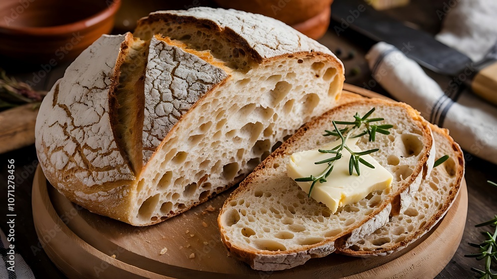 A close-up of artisan sourdough bread with a beautiful cracked crust, accompanied by butter, herbs, and rustic background details A close-up of artisan sourdough bread with a beautiful cracked crust, accompanied by butter, herbs, and rustic background details