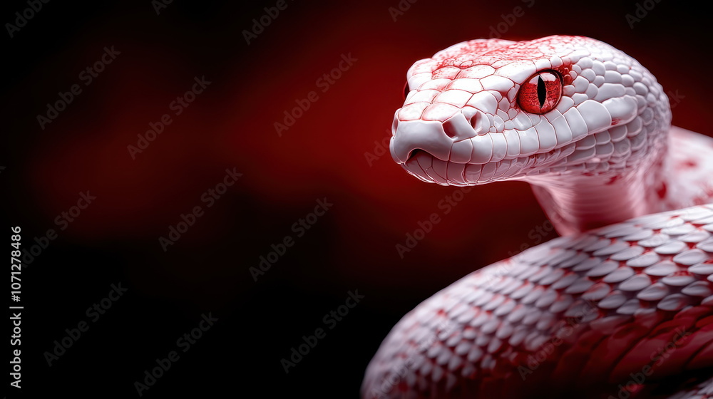 Fototapeta premium striking white snake with red eyes, coiled against dark background, exuding air of mystery and intrigue. Its unique coloration and texture create captivating visual