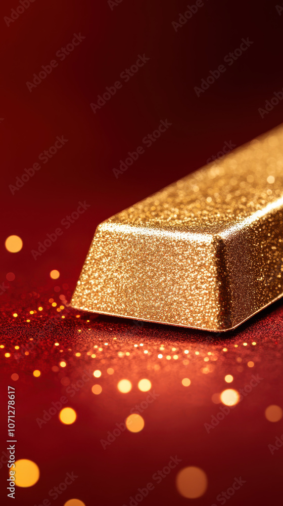 shimmering gold bar rests on vibrant red background, surrounded by sparkling bokeh lights, creating luxurious and festive atmosphere shimmering gold bar rests on vibrant red background, surrounded by sparkling bokeh lights, creating luxurious and festive atmosphere
