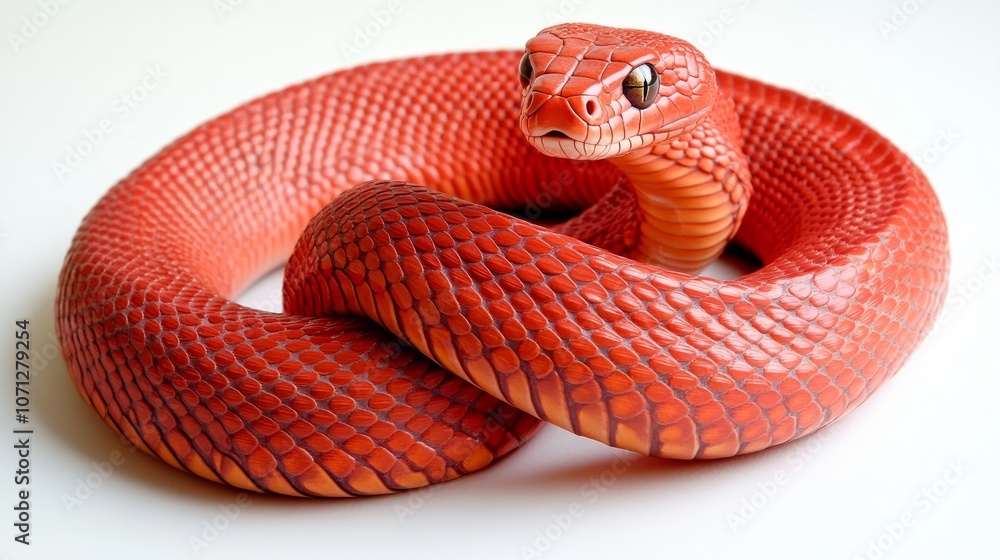 Fototapeta premium A red snake coiled up on a white background, looking directly at the camera.