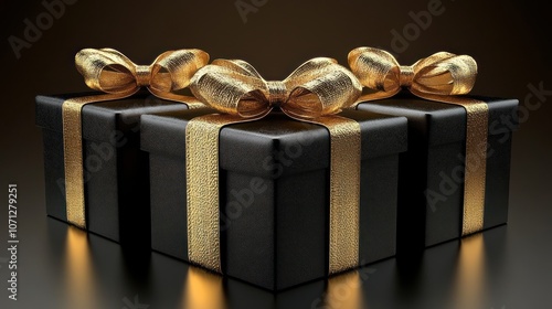 Three black gift boxes with gold ribbon and bows.