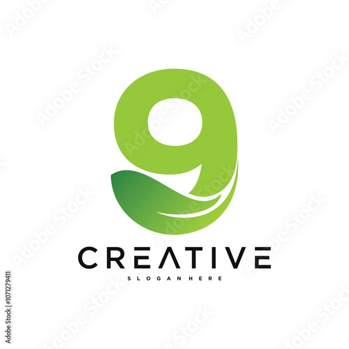 Abstract number 9 and leaf logo design. Premium Vector