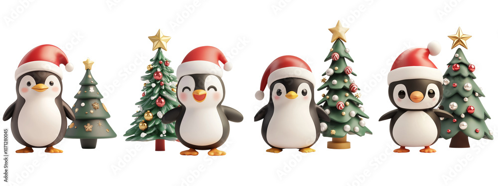 Cute cartoon penguins wearing Santa hats, celebrating Christmas with decorated trees. Perfect for holiday themes and festive designs. ,PNG Transparency Cute cartoon penguins wearing Santa hats, celebrating Christmas with decorated trees. Perfect for holiday themes and festive designs. ,PNG Transparency