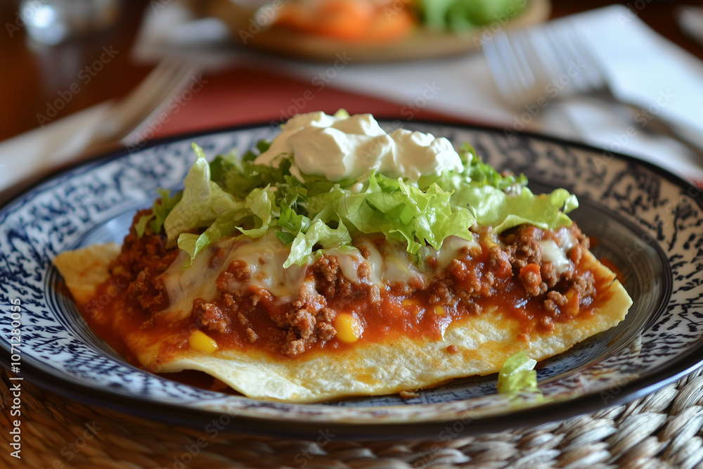 Corn tortillas topped with ground beef, lettuce, cheese and tomato sauce. Hispanic heritage month traditions Corn tortillas topped with ground beef, lettuce, cheese and tomato sauce. Hispanic heritage month traditions