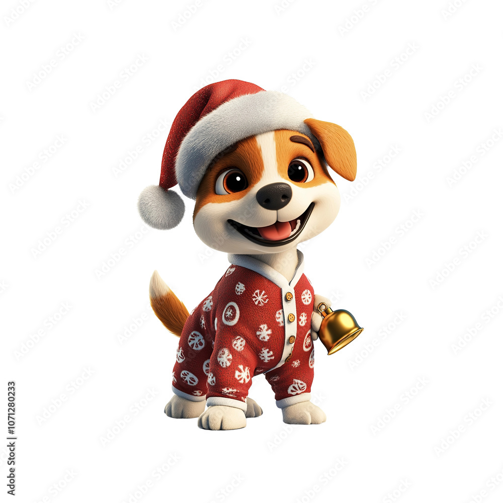 Adorable Christmas Puppy in Pajamas Holding a Bell Adorable Christmas Puppy in Pajamas Holding a Bell