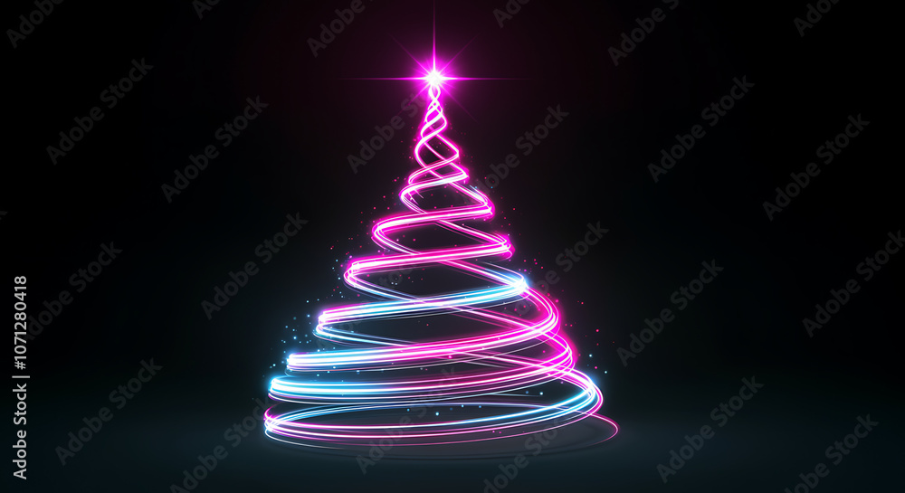 A vibrant, modern Christmas tree formed by swirling neon lights glowing against a dark background, creating a festive, minimalist holiday look. generative ai A vibrant, modern Christmas tree formed by swirling neon lights glowing against a dark background, creating a festive, minimalist holiday look. generative ai