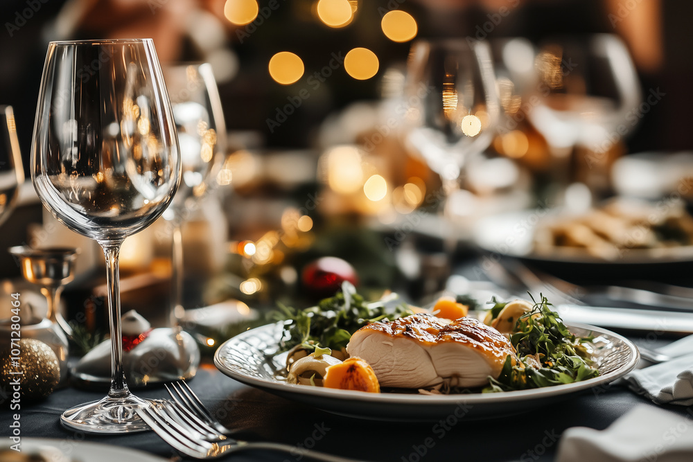 Delicious roast turkey dish on table served for dinner party Delicious roast turkey dish on table served for dinner party