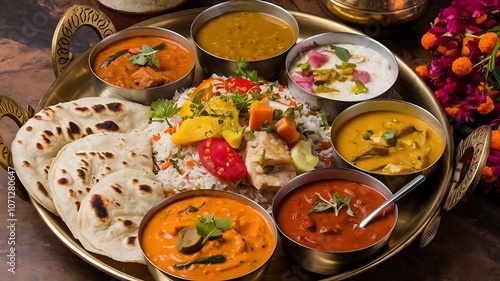 Traditional Indian thali with rice, dal, chapati, and curries served on a brass plate with rustic background photo