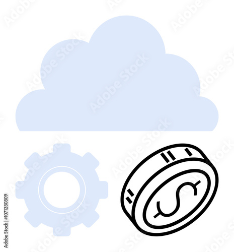 Cloud icon with a gear and dollar coin beneath, highlighting cloud computing and financial integration. Ideal for technology, finance, cloud services, fintech, business optimization, digital