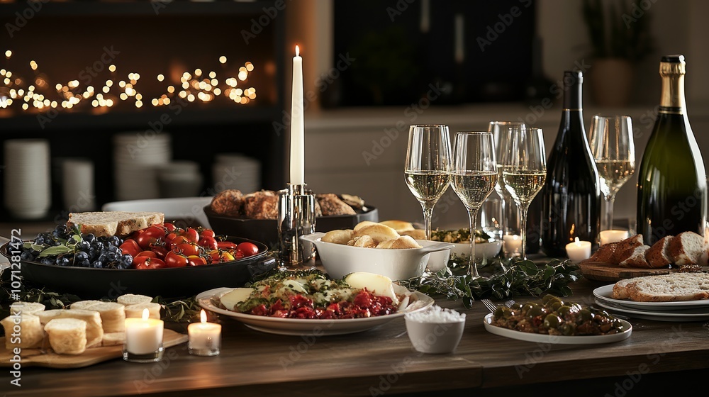 A table set for a dinner party with wine, cheese, bread, and candles. A table set for a dinner party with wine, cheese, bread, and candles.
