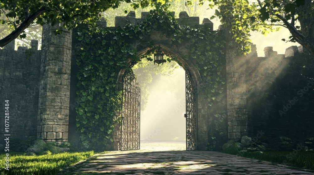 Fototapeta premium A Stone Archway with an Open Iron Gate Leading to a Misty Path