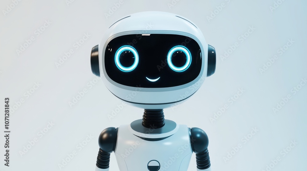 White humanoid robot with blue glowing eyes and a smile White humanoid robot with blue glowing eyes and a smile