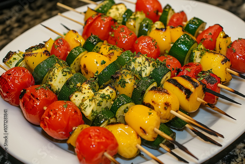 Roasted vegetable skewers with colorful peppers, zucchini and cherry tomatoes with herb-infused olive oil for a festive side dish photo