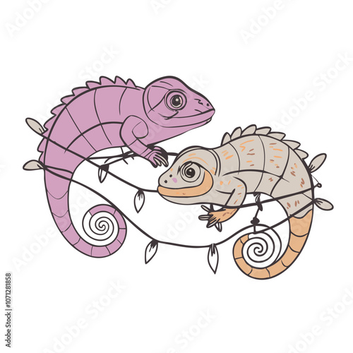 Chameleon Friends: Two adorable chameleons, one pink and one tan, are intertwined in a playful embrace, their tails wrapped around a string of Christmas lights.