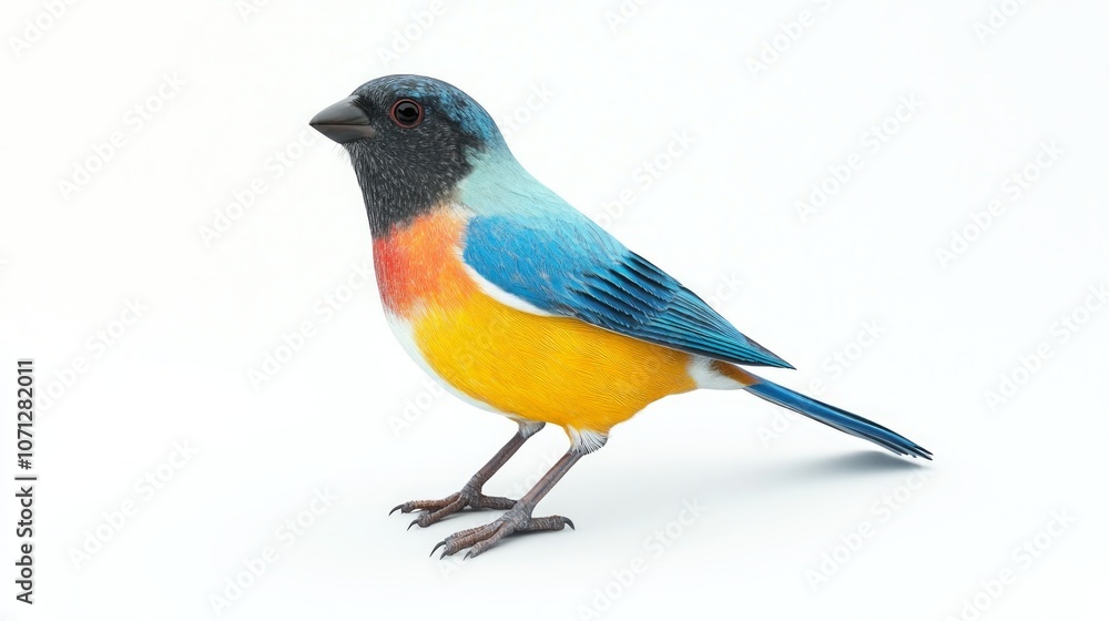 A vibrant blue, yellow, and red bird with a black head perched on a white background, looking to the left. A vibrant blue, yellow, and red bird with a black head perched on a white background, looking to the left.