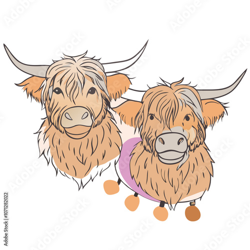 Highland Cow Duo: A charming illustration of two Highland cows, their fluffy coats and gentle expressions creating a heartwarming scene. Perfect for adding a touch of rustic charm to your designs.