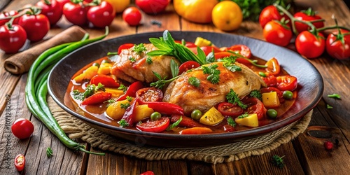 Vibrant Portrait of Poulet Basquaise Dish Captured in Natural Light, Showcasing Colorful Ingredients and Aromatic Herbs on a Rustic Wooden Table Setting