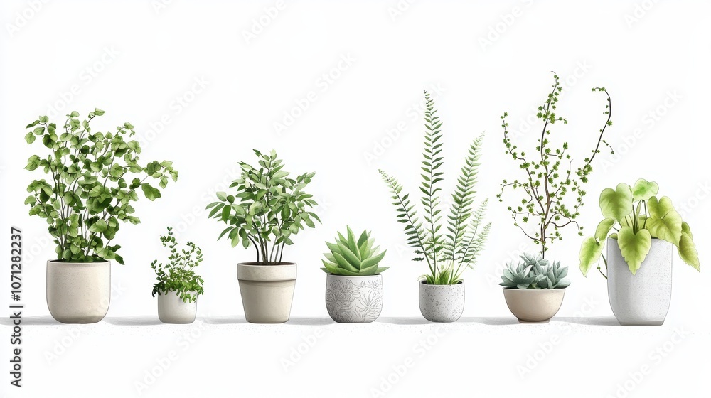 A Row of Potted Plants with White Background A Row of Potted Plants with White Background
