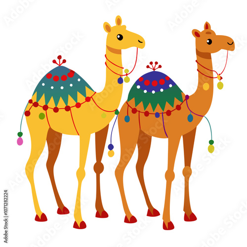 Camel Caravan: Adorable cartoon camels adorned with colorful saddles and tassels, ready to embark on an exciting journey. Perfect for illustrations, children's books, and desert-themed designs. 