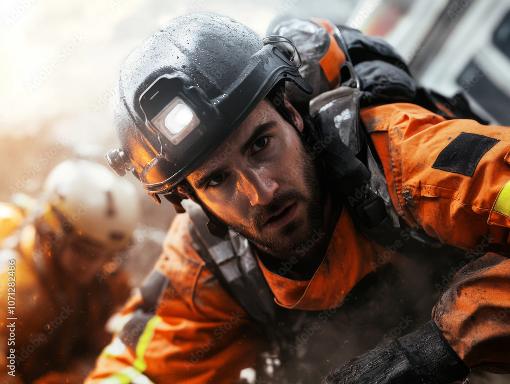 Obraz premium A paramedic rescue operation involving multiple agencies, working together to save lives in a complex disaster scenario.