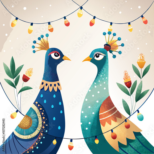 Peacock Couple Celebration: A whimsical illustration of two peacocks, adorned with vibrant colors and intricate patterns, facing each other under a string of twinkling lights.