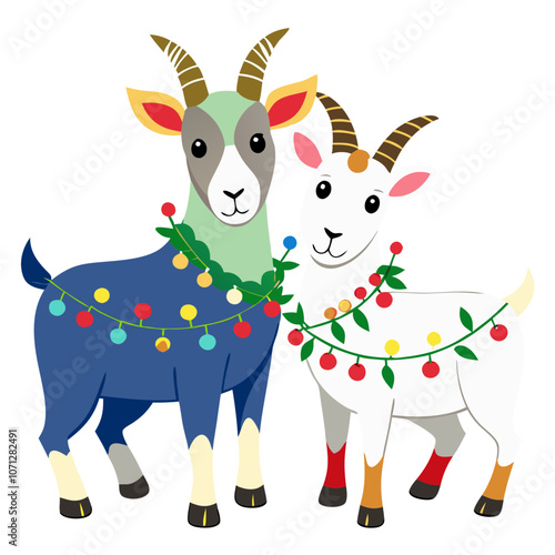 Festive Goat Friends: Two adorable goats, one blue and one white, adorned with colorful Christmas lights and greenery, stand side by side in a cheerful and festive embrace.  