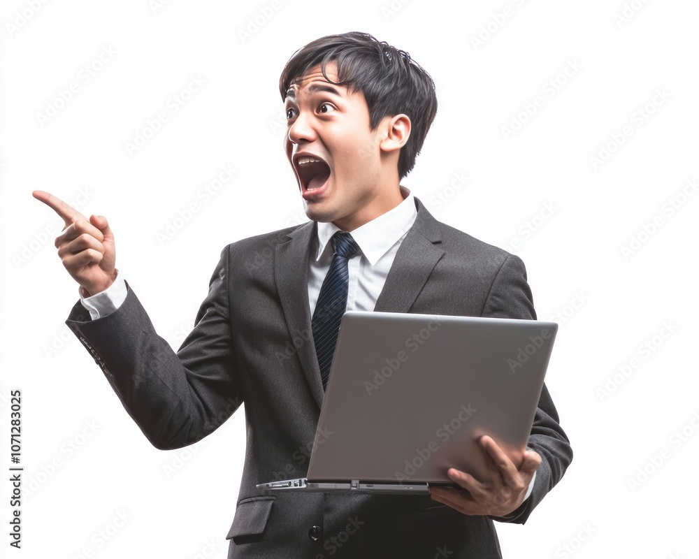Excited Asian Businessman Holding Laptop and Pointing, Celebrating Success on Isolated White Background Excited Asian Businessman Holding Laptop and Pointing, Celebrating Success on Isolated White Background