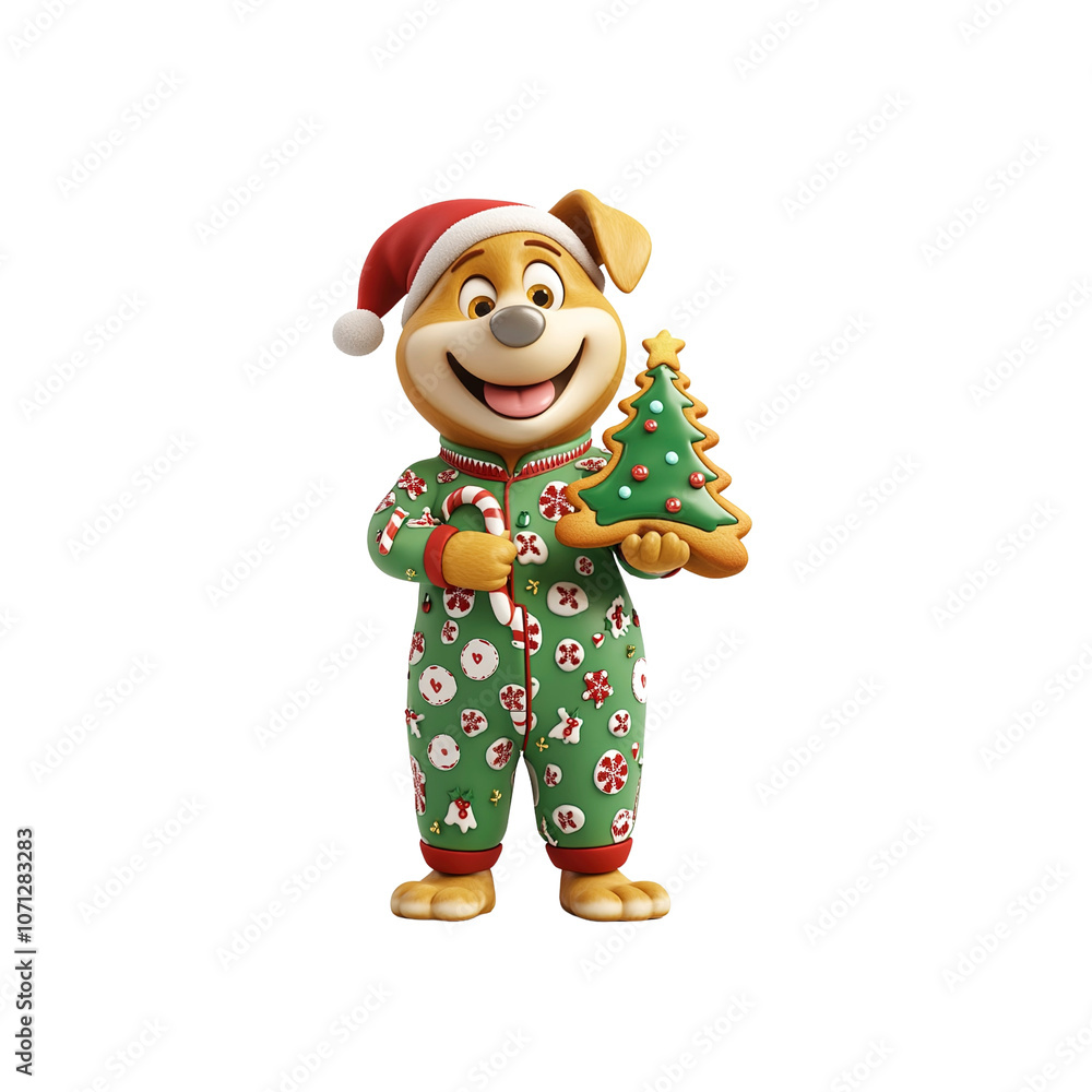Cheerful Cartoon Dog in Christmas Pajamas Holding a Gingerbread Christmas Tree Cheerful Cartoon Dog in Christmas Pajamas Holding a Gingerbread Christmas Tree