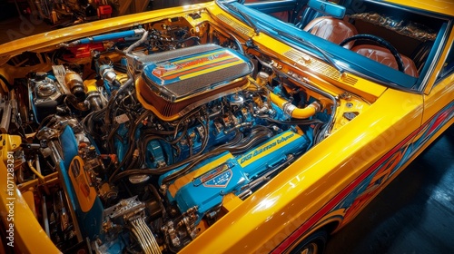 A vibrant classic car engine showcasing intricate detailing and colorful components.