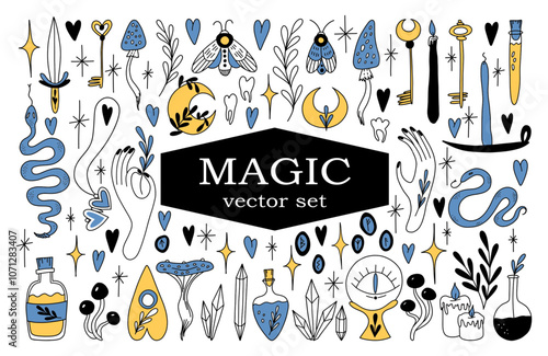 Vector witch mystical magic design elements set. Witchcraft hand drawn doodle boho collection with celestial crystals, potions, candles, mushrooms, Ouija board, snake, moth...