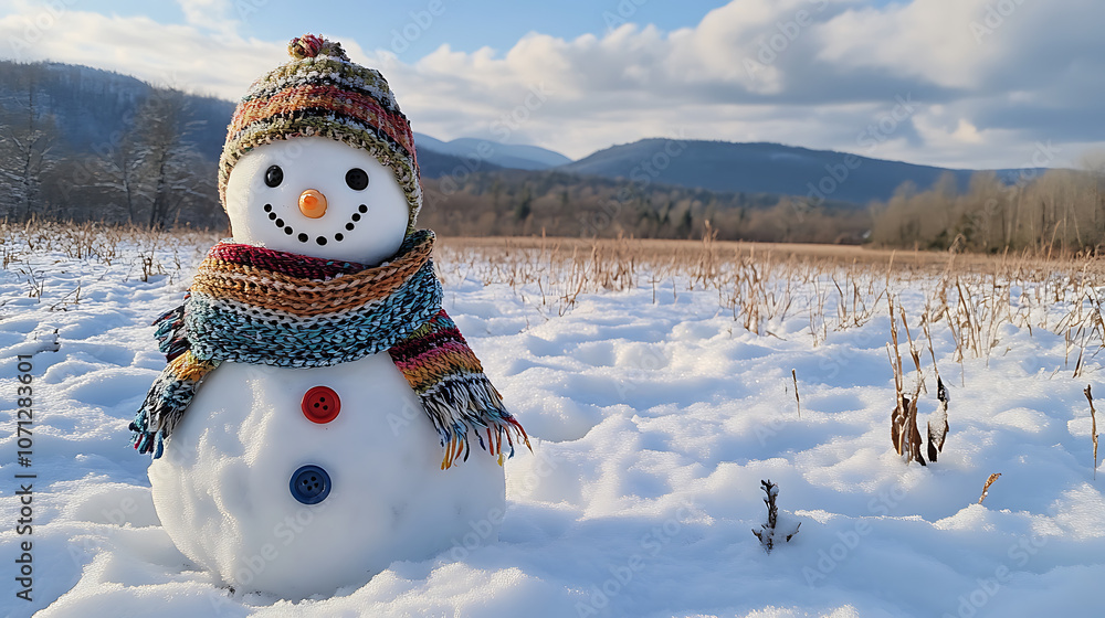 Obraz premium A snowman with a scarf and hat is standing in the snow
