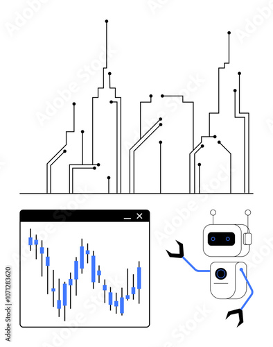 Robot with expressive face and mechanical arms pointing at fluctuating financial graph. Smart city skyline with connected nodes. Ideal for AI, data analysis, technology, finance, future trends, smart