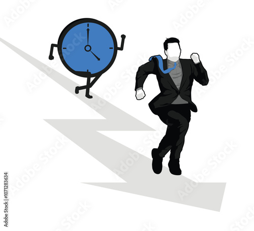 Businessman running away from giant clock, running out of time, work deadline, vector illustration